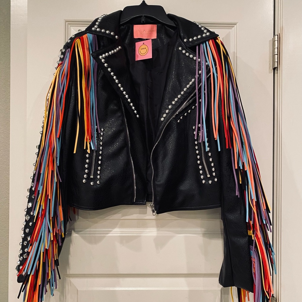 Azalea Wang Rainbow Fringe Vegan Moto Jacket
